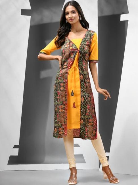 charukriti yellow & green printed straight kurta