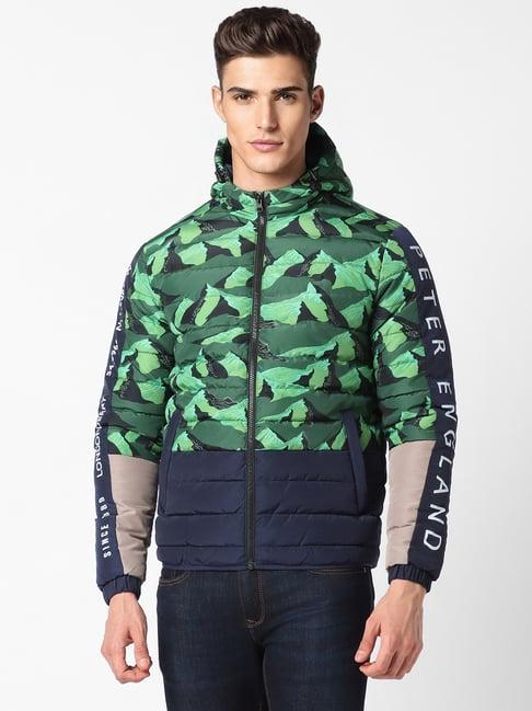 peter england green regular fit quilted hooded jacket