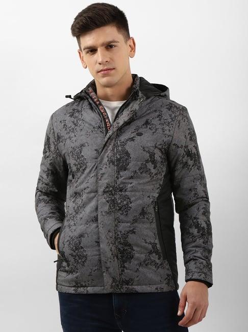 peter england grey regular fit printed hooded jacket