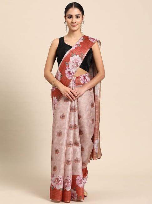 silk land peach floral print saree with blouse