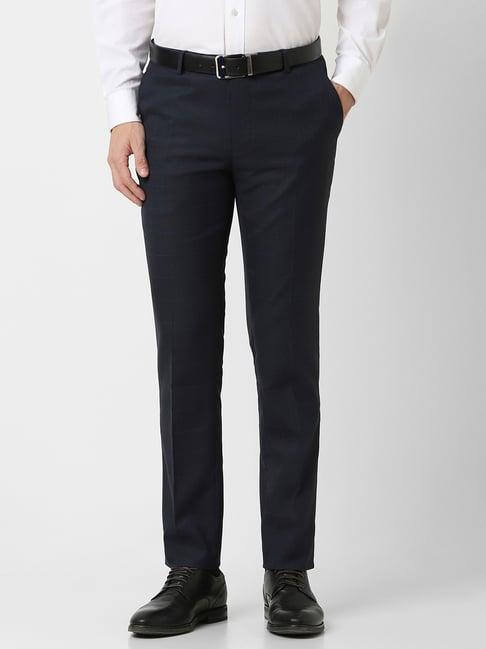 peter england navy slim fit checks trousers