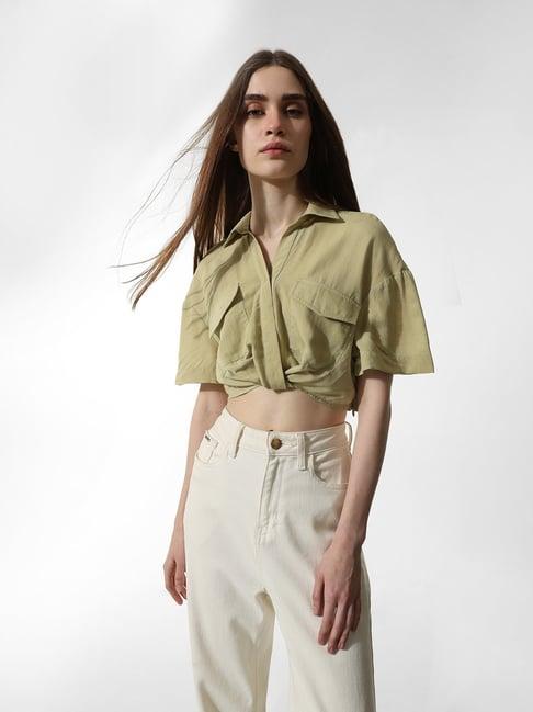 only sage green regular fit crop shirt