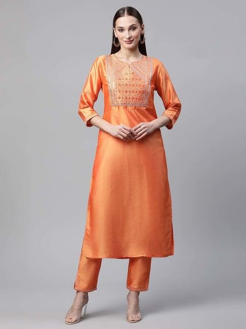 sringam orange embroidered kurta pant set