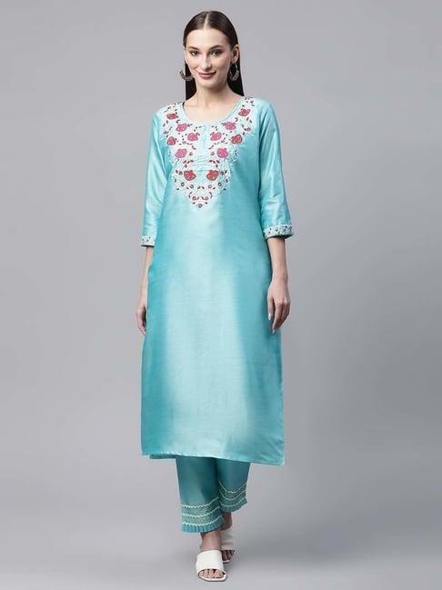 sringam blue embroidered kurta pant set