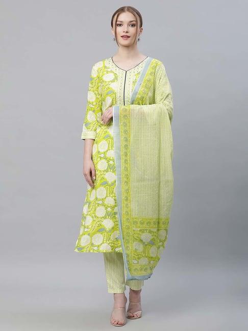 sringam green floral print kurta pant set with dupatta