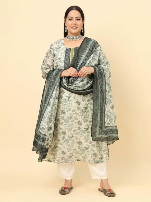 sringam green & white floral print kurta pant set with dupatta