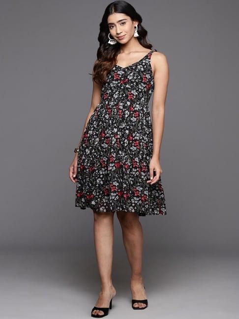 varanga black floral print a-line dress