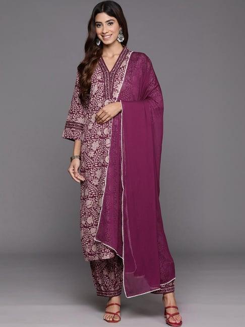 varanga purple cotton floral print kurta salwaar set with dupatta