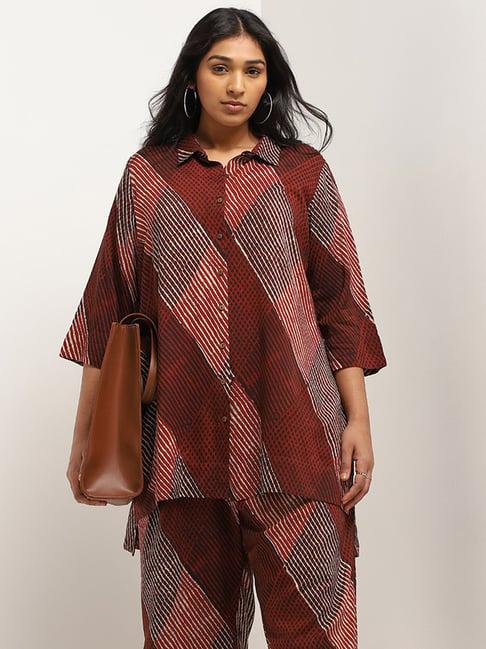 diza by westside brown printed button-down tunic