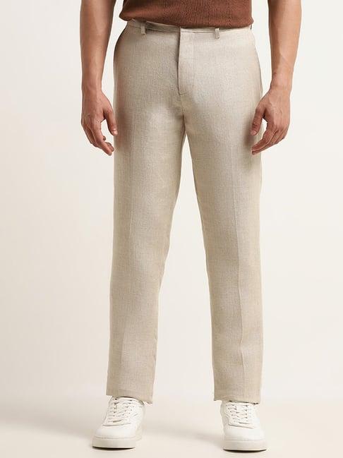 ascot by westside solid beige mid rise relaxed fit linen chinos