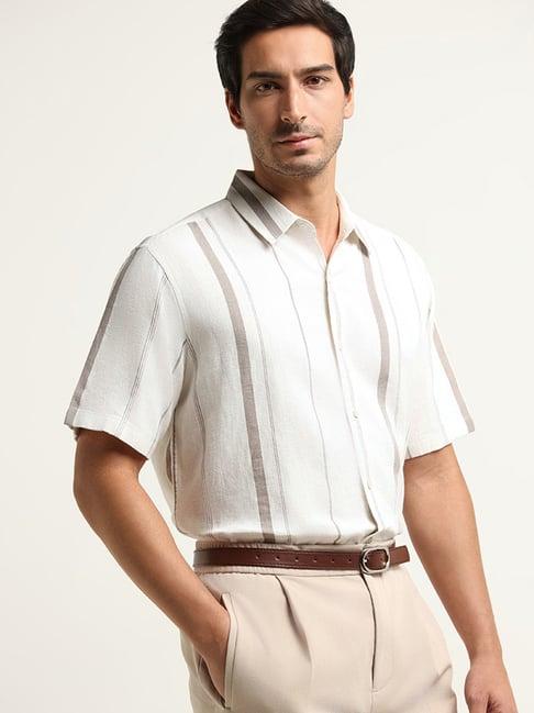 ascot by westside off-white striped relaxed fit blended linen shirt