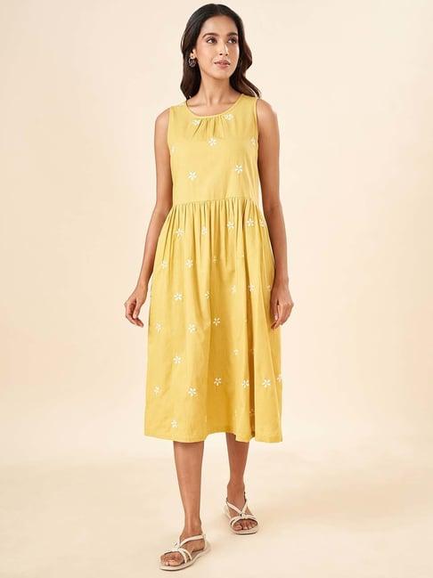 akkriti by pantaloons yellow cotton embroidered a-line dress