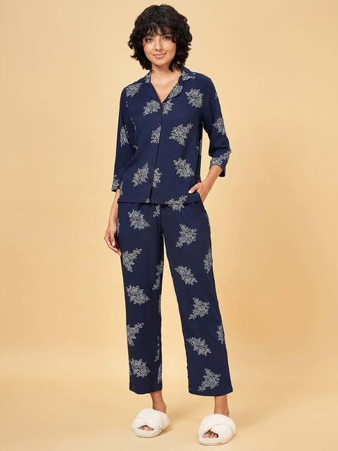 dreamz by pantaloons navy printed shirt pyjamas set