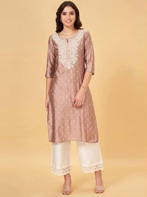 rangmanch by pantaloons pink embroidered straight kurta