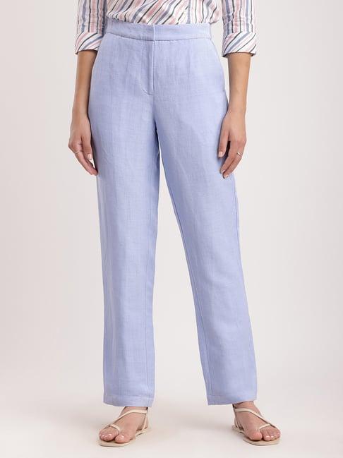 fablestreet light blue linen relaxed fit mid rise pants