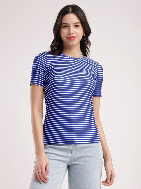 fablestreet blue & white cotton striped t-shirt