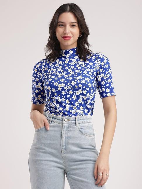 fablestreet blue & white cotton floral print t-shirt