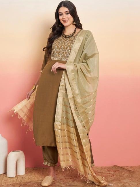 indo era olive green embroidered kurta pant set with dupatta