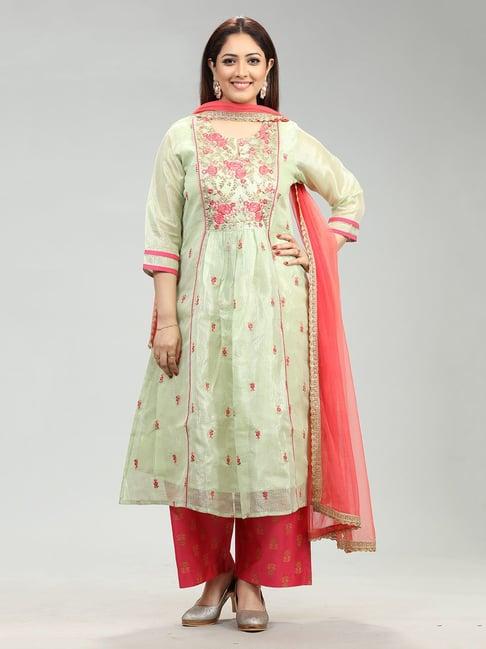 cotton culture neon green embroidered kurta with pant & dupatta