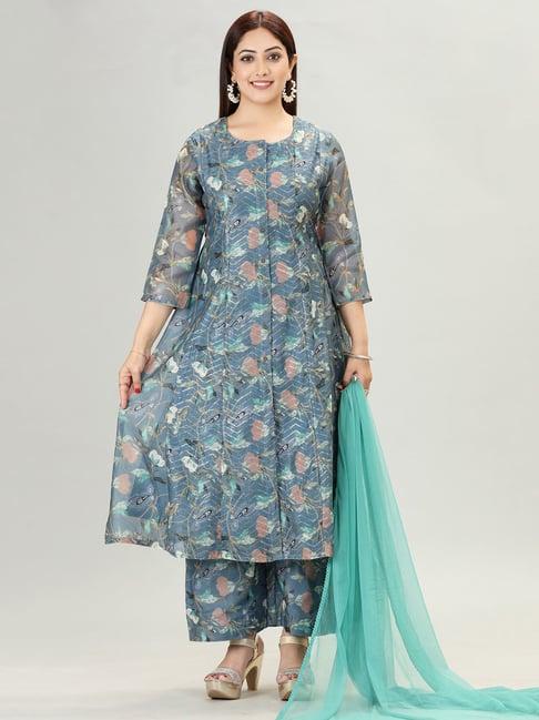 cotton culture blue embroidered kurta with pant & dupatta