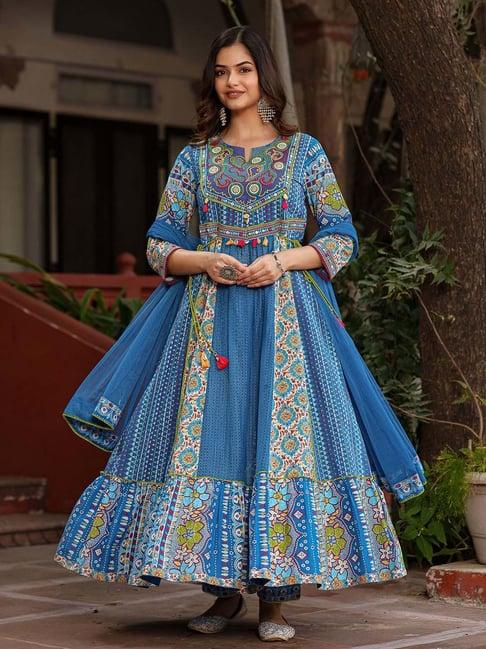 juniper blue floral printed pure cotton anarkali kurta pants & dupatta set with thread work