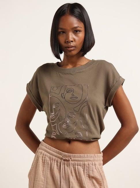 studiofit by westside olive green face print t-shirt