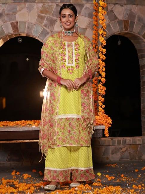 juniper the madhubala green floral & lace cotton kurta palazzo set with kota doria print dupatta