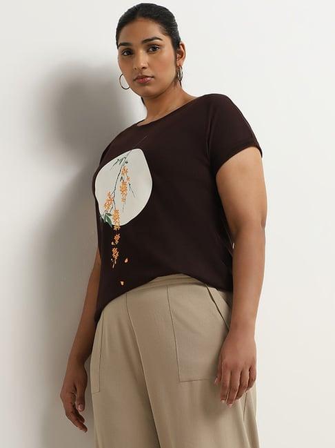 gia by westside brown floral printed t-shirt