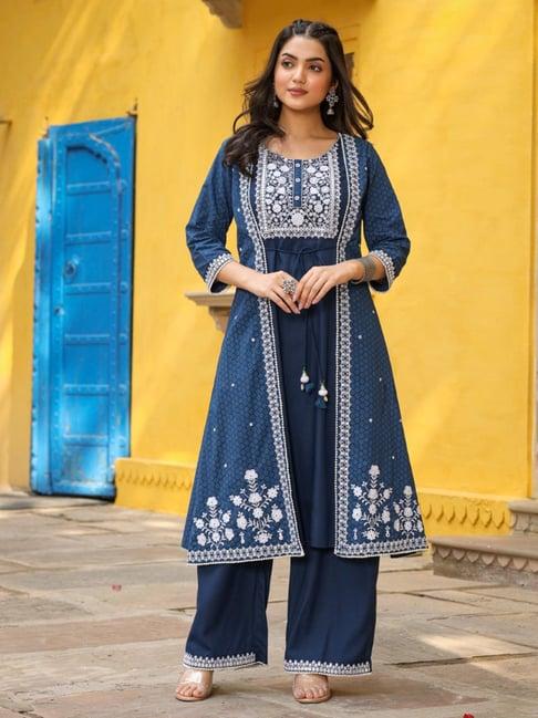 juniper blue pure cotton thread embroidered a-line layered kurta palazzo set with tie-up at front