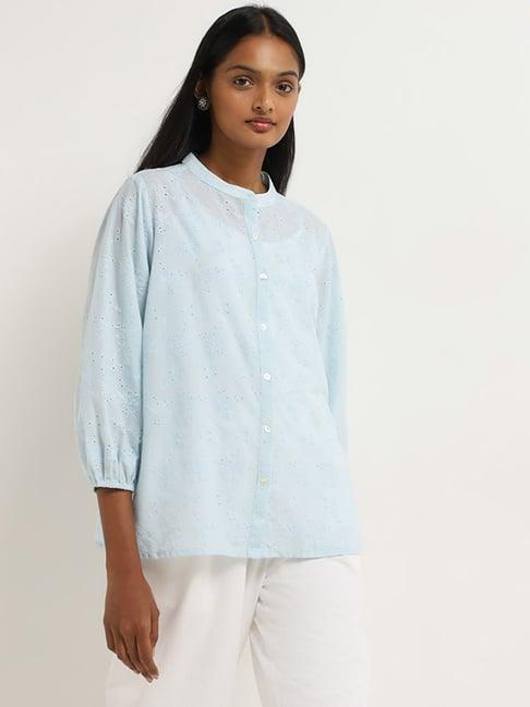 utsa by westside light blue schiffli design straight tunic