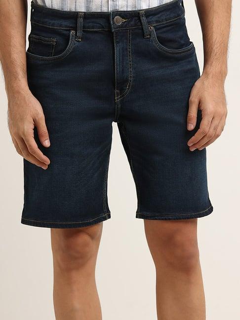 wes casuals by westside  blue mid rise relaxed fit denim shorts