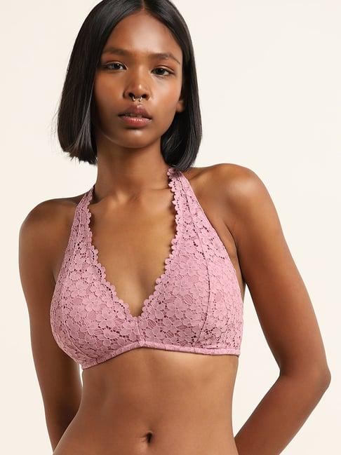 superstar by westside dusty pink lace design halter neck bra