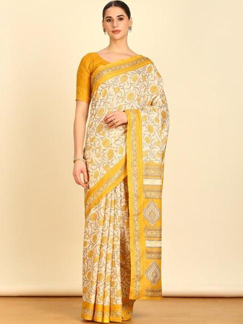 soch womens yellow art silk floral print saree