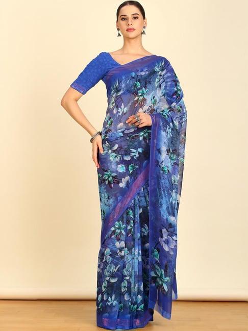 soch womens blue floral print georgette saree