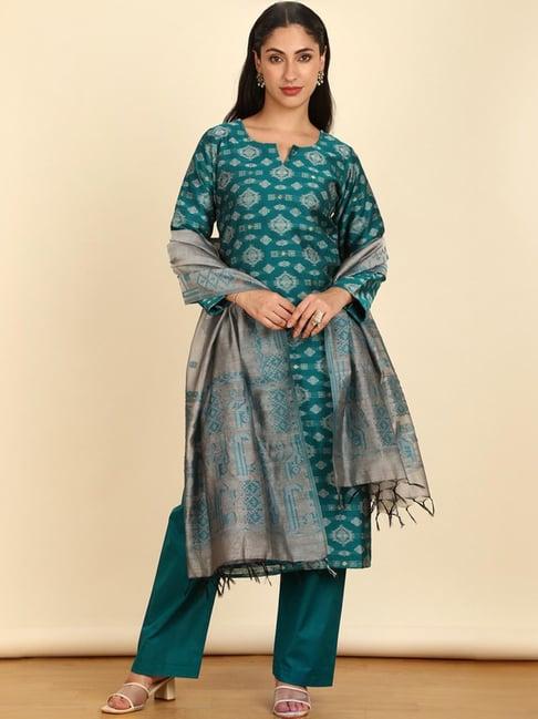 soch womens teal chanderi woven design unstitch dress material