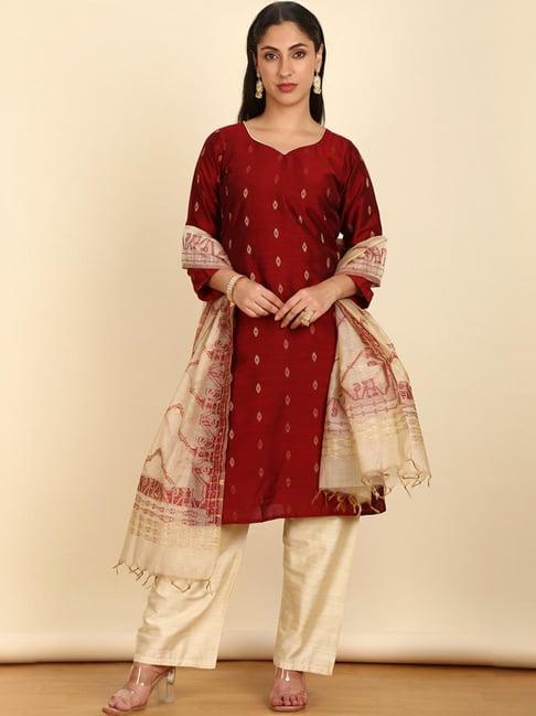 soch womens maroon chanderi woven design unstitch dress material