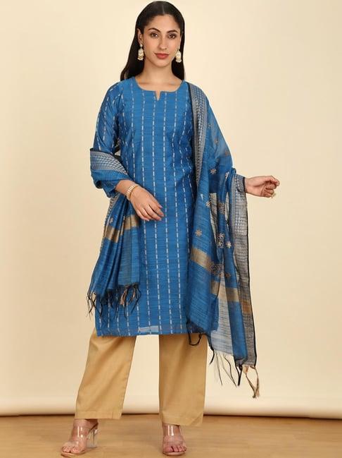 soch womens blue art silk woven design unstitch dress material