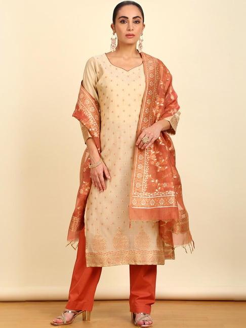 soch womens beige & peach zari woven chanderi unstitched dress material