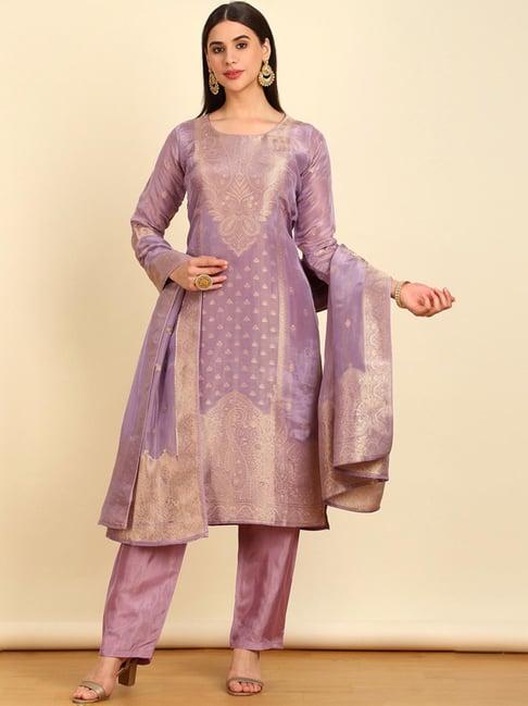 soch womens purple zari woven silk blend unstitched dress material