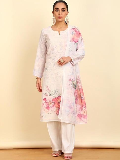 soch womens off white floral print linen unstitched dress material with beads and stones