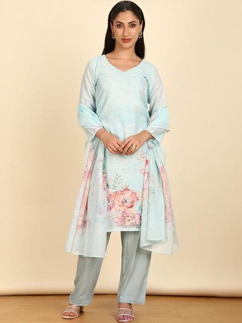 soch womens powder blue floral print linen unstitch dress material with beads and stones