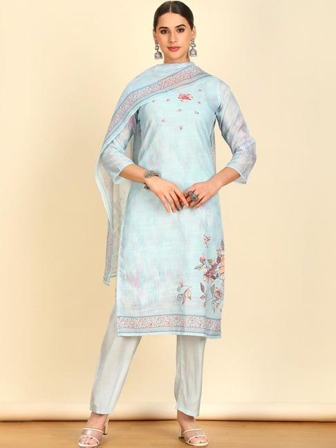 soch womens powder blue linen floral print unstitch dress material with faux mirror and sequins