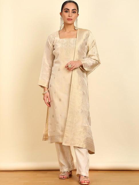 soch womens cream zari woven silk blend unstitched dress material