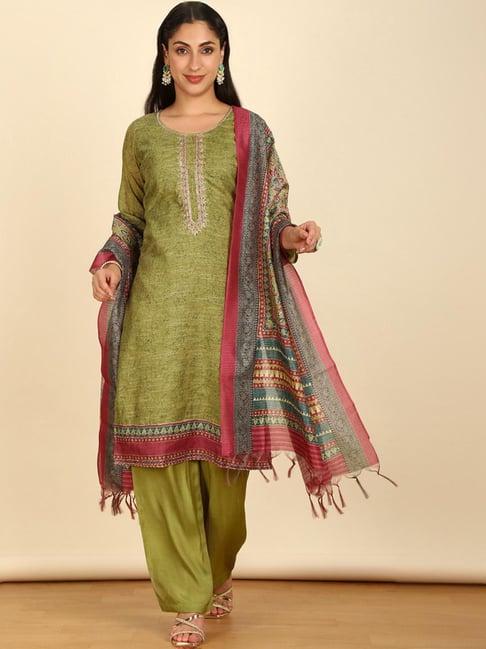 soch womens olive floral print chanderi unstitch dress material with cutdana