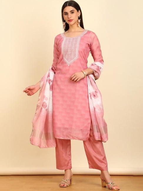 soch womens pink abstract print chanderi unstitched dress material with thread work