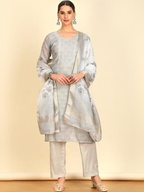 soch womens grey abstract print chanderi unstitch dress material with thread work