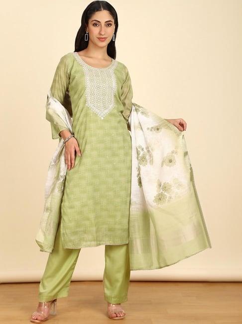 soch womens light green abstract print chanderi unstitch dress material with thread work