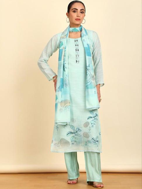 soch womens powder blue abstract print linen unstitched dress material with mirrors