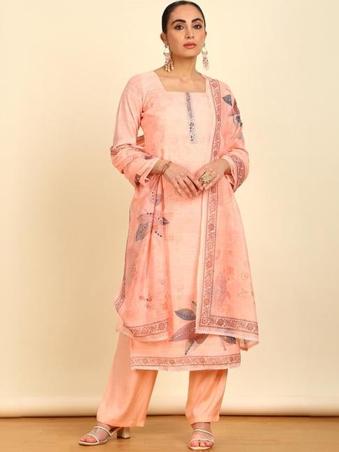 soch womens peach floral print linen unstitched dress material with mirrors