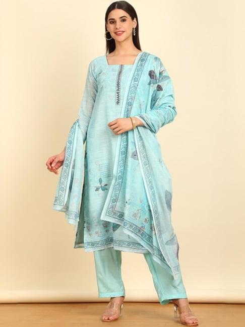 soch womens powder blue floral print linen unstitched dress material with mirrors